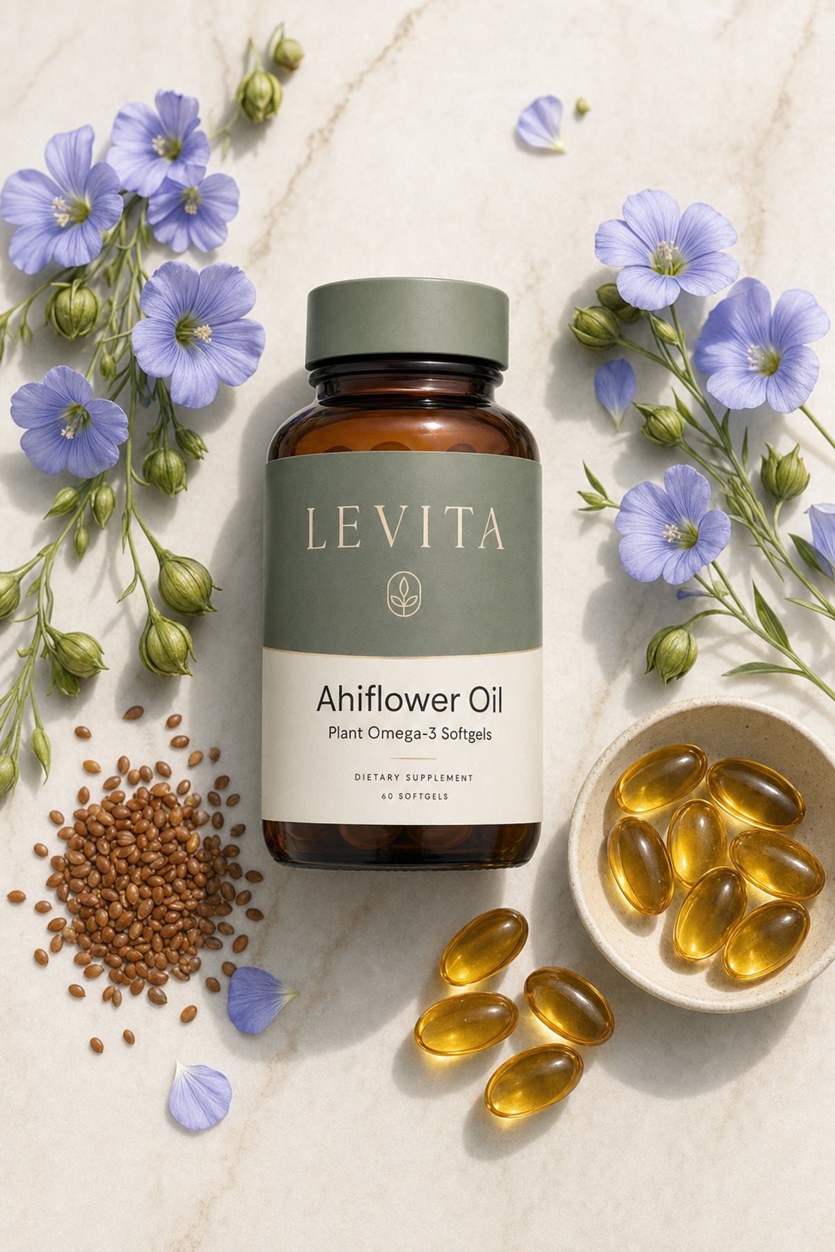 Ahiflower seeds, softgels and botanicals